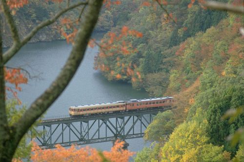 湖（紅葉の中を走る電車）